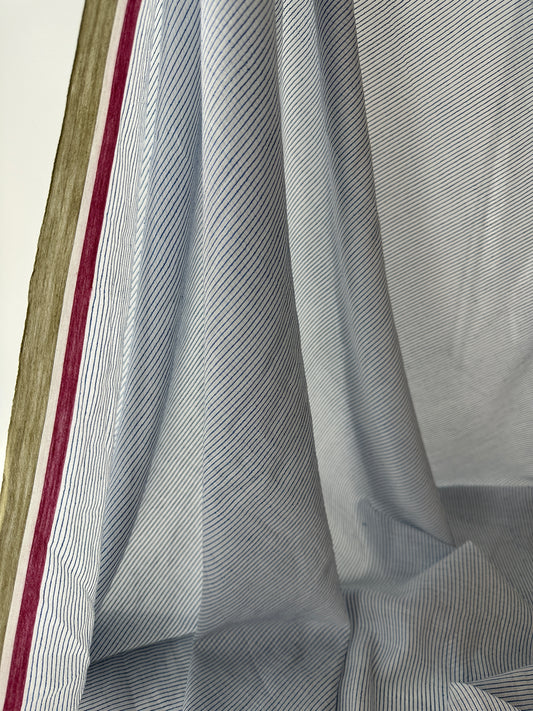 Handloom Khadi Cotton, White with Blue Stripe and Multi Selvedge