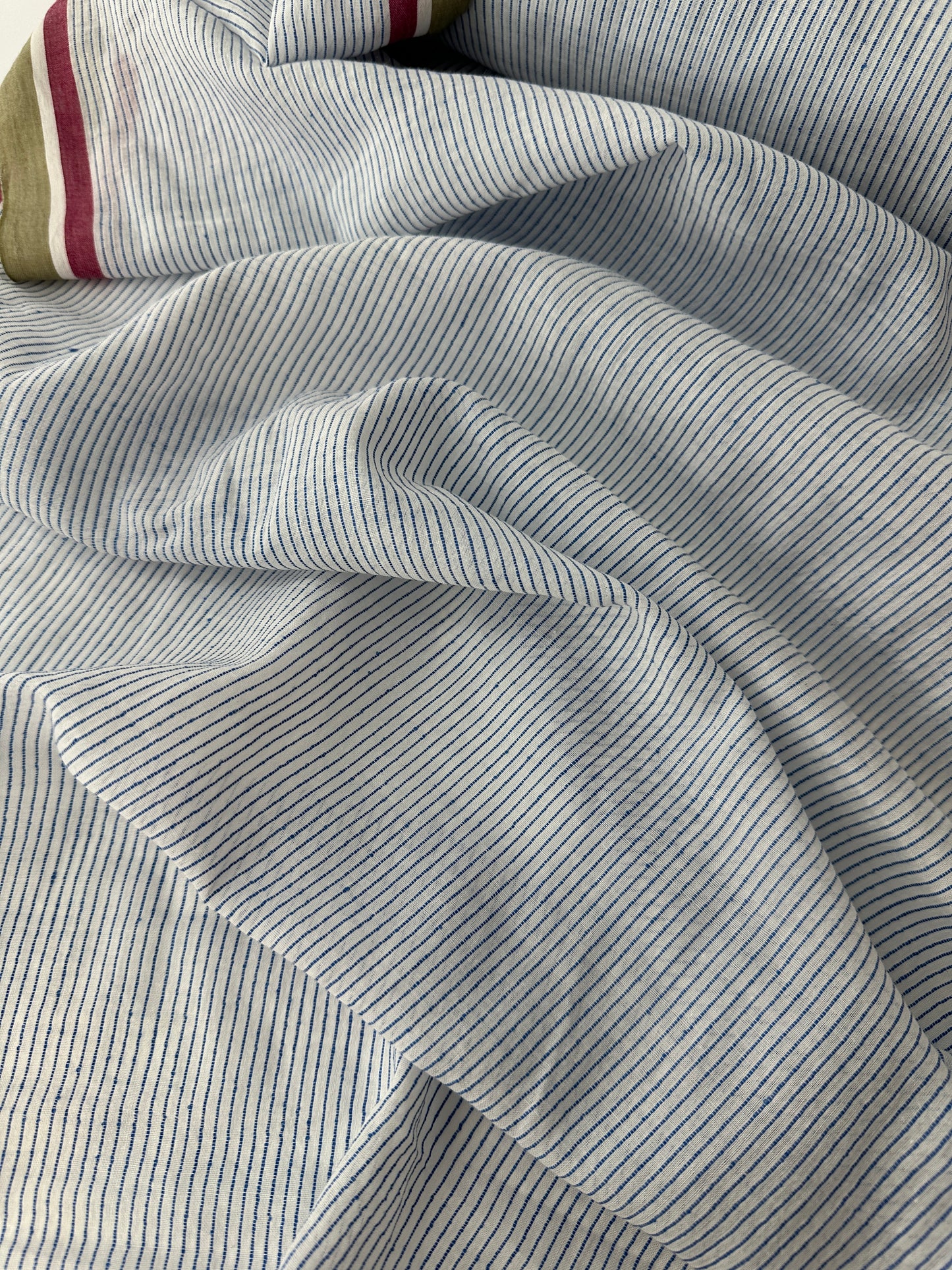 Handloom Khadi Cotton, White with Blue Stripe and Multi Selvedge