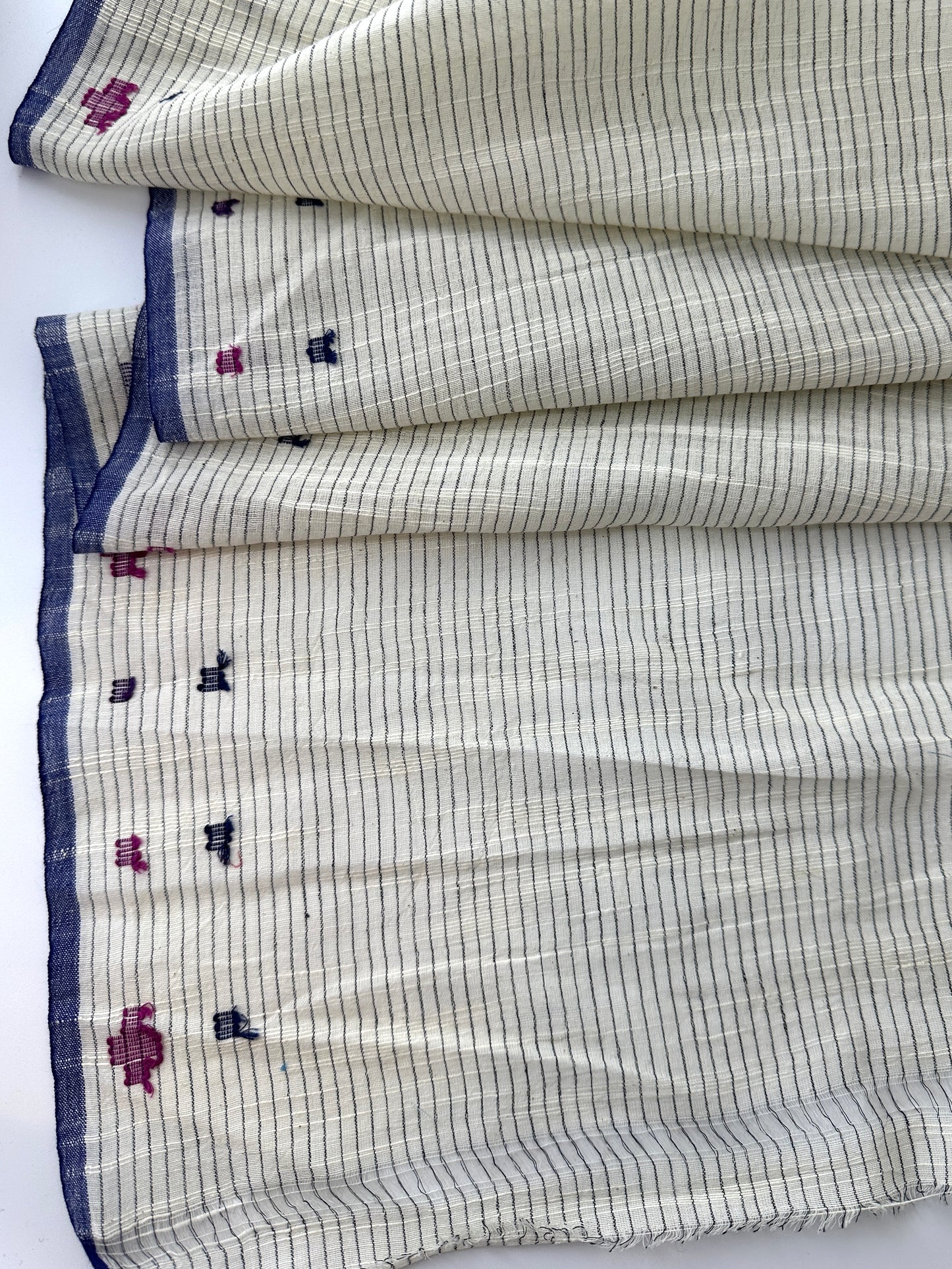 Handloom Khadi Cotton, Natural with Black Stripes and Jamdani Details