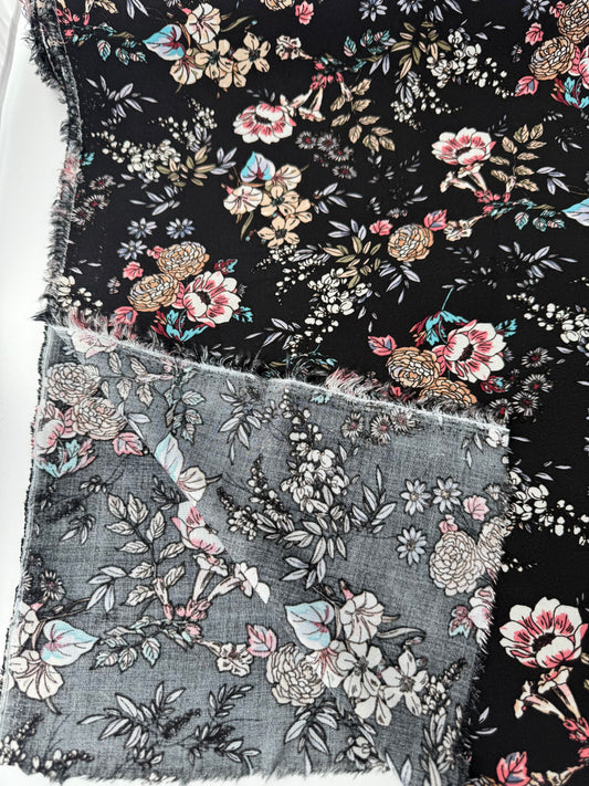 Rayon Challis, Floral Print, Black Ground