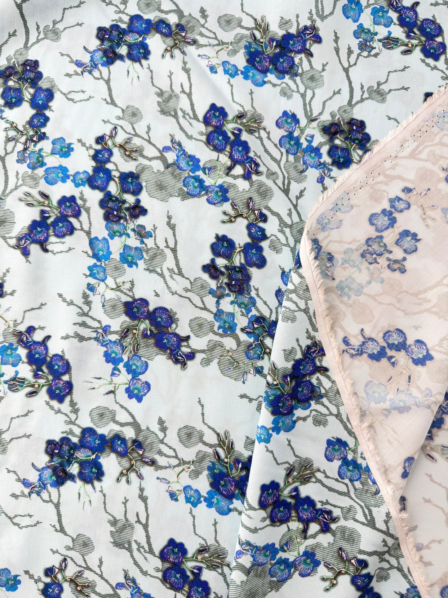 Rayon Lawn, Cherry Blossom Print – Light Blue