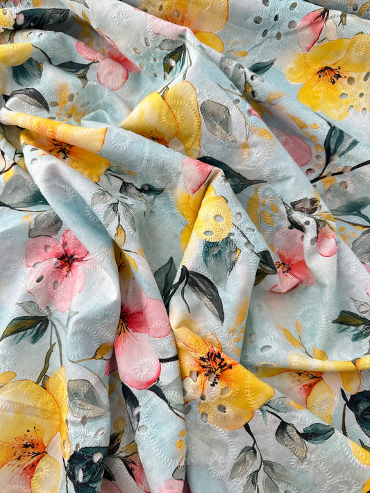 Cotton Lawn Eyelet Digital Print, Blue Ground Hibiscus