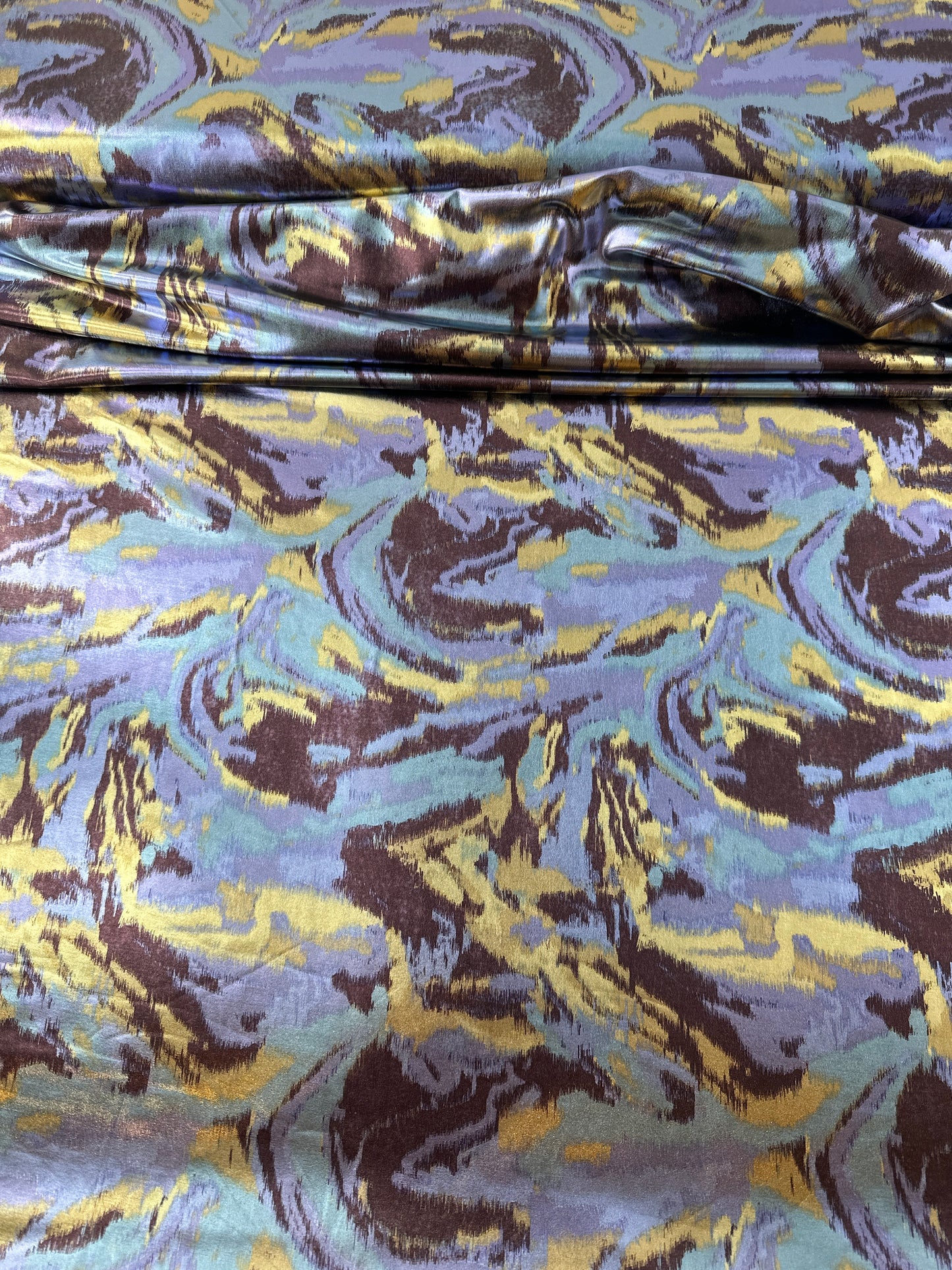 Polyester/Spandex Knit, Marble Foil Print, Lavender/Gold/Brown/Blue