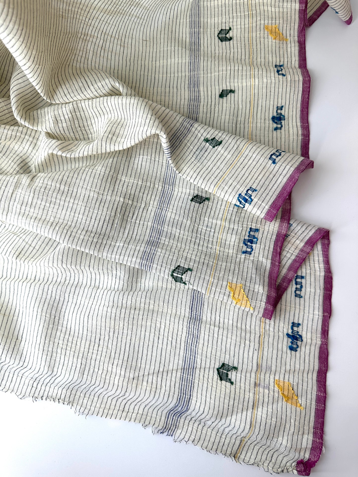 Handloom Khadi Cotton, Natural with Black Stripes and Jamdani Details