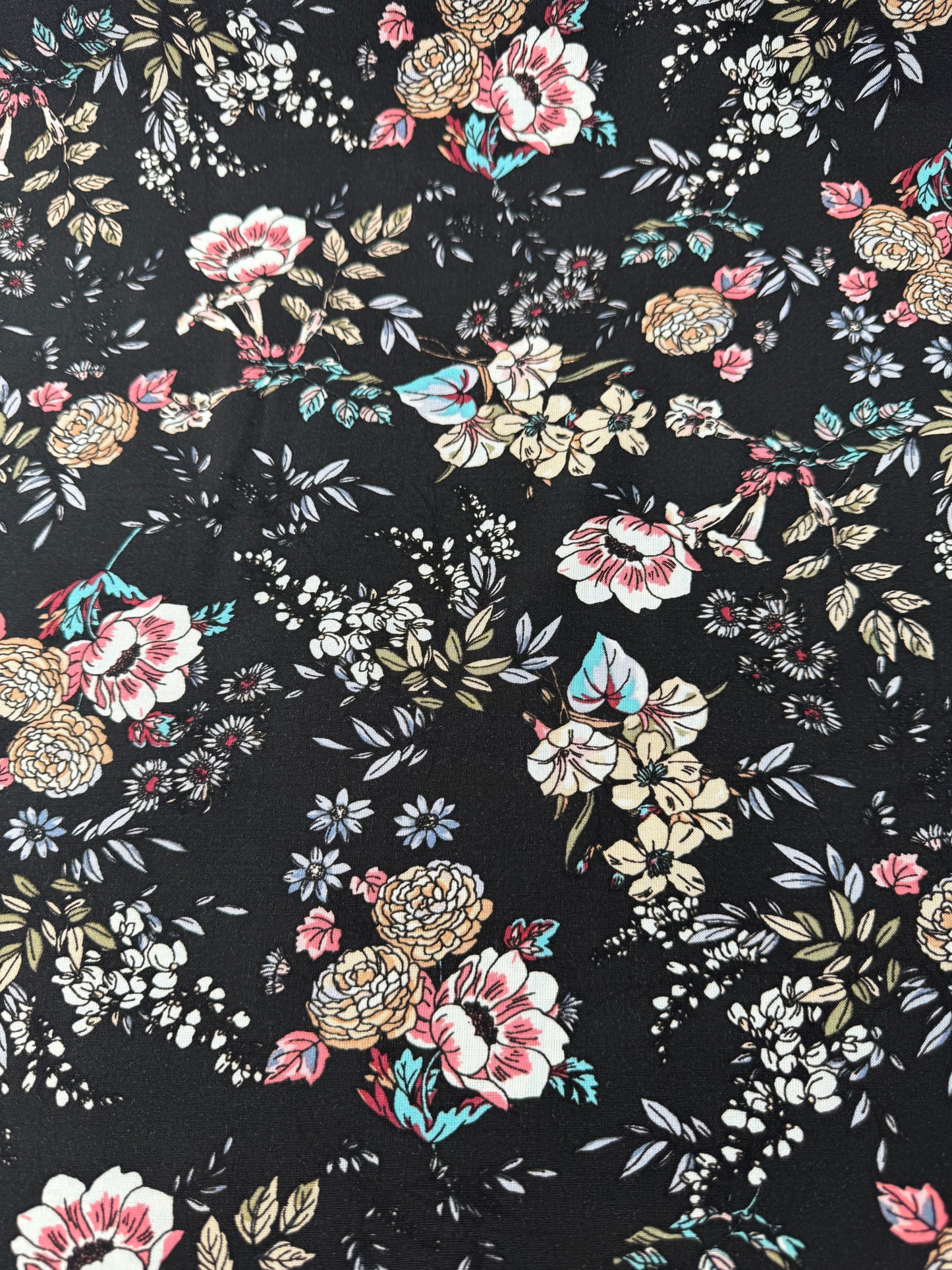 Rayon Challis, Floral Print, Black Ground