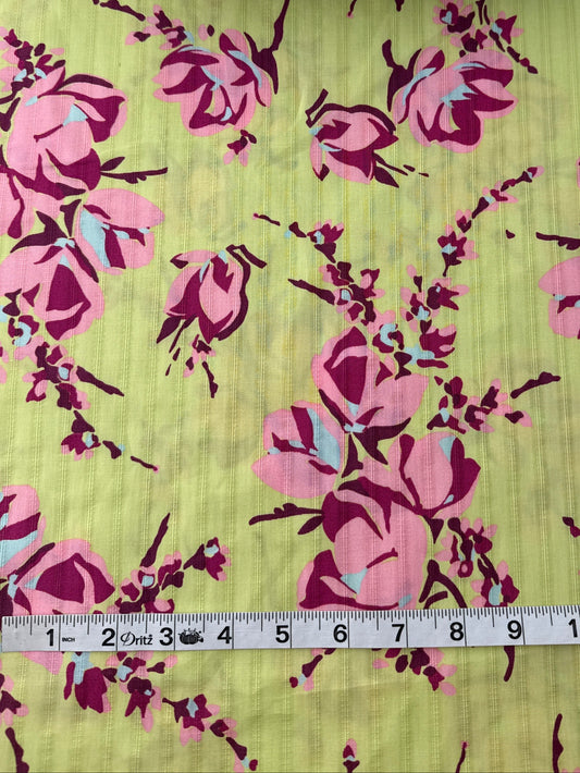 Cotton Shirting, Citron & Pink Floral Print, 3.5 oz