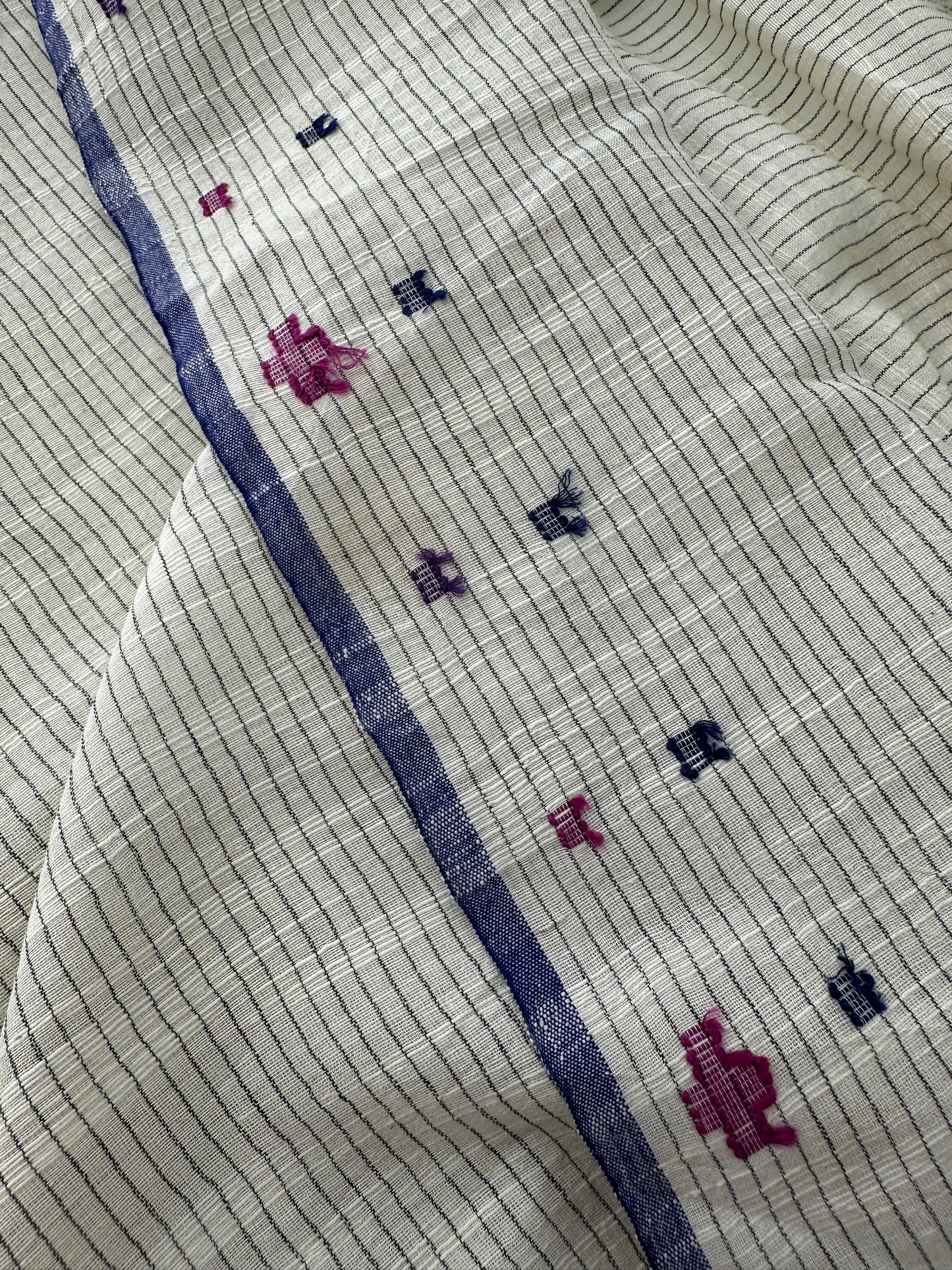 Handloom Khadi Cotton, Natural with Black Stripes and Jamdani Details