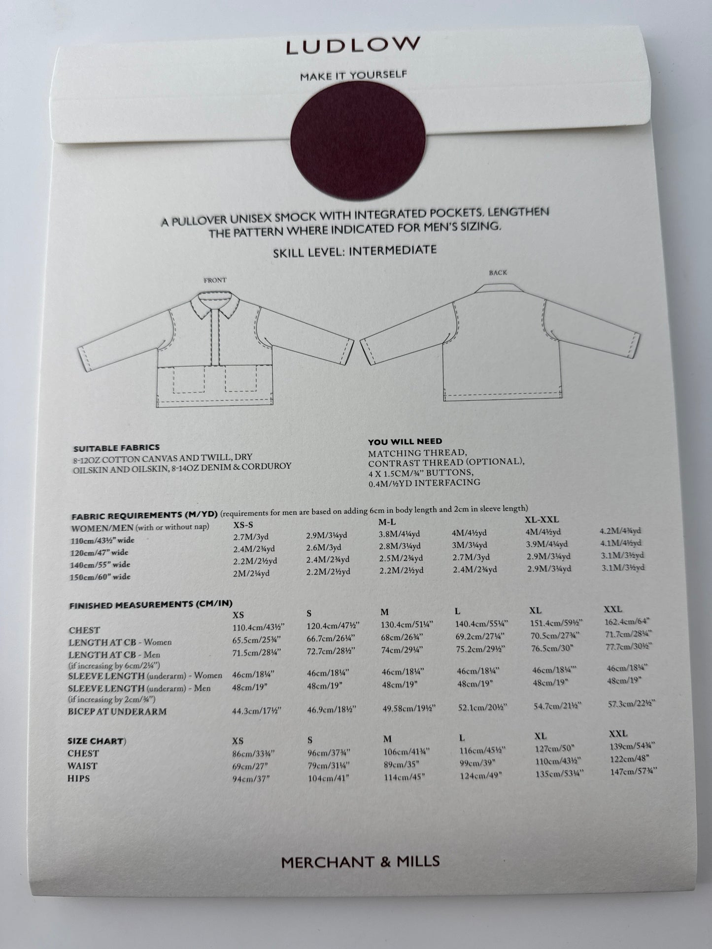 Merchant & Mills Ludlow Pattern, Sizes XS-XXL