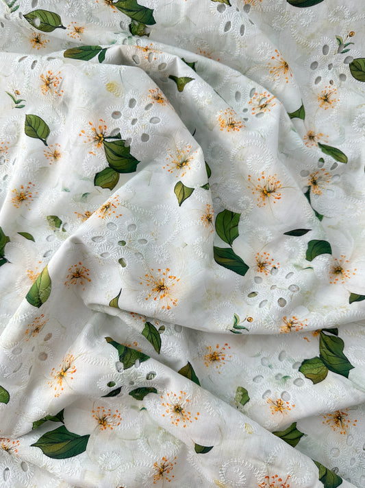 Cotton Lawn Eyelet Digital Print, Ivory Hibiscus