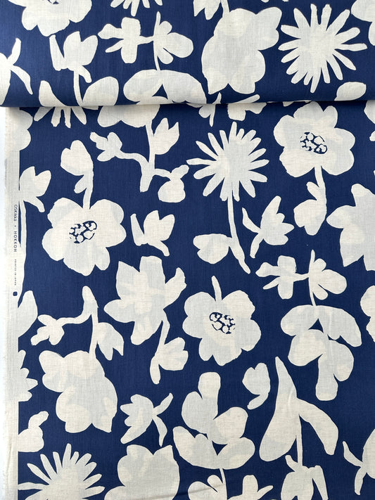 Japanese Cotton/Linen Sheeting, Large Floral Print, Blue/Natural