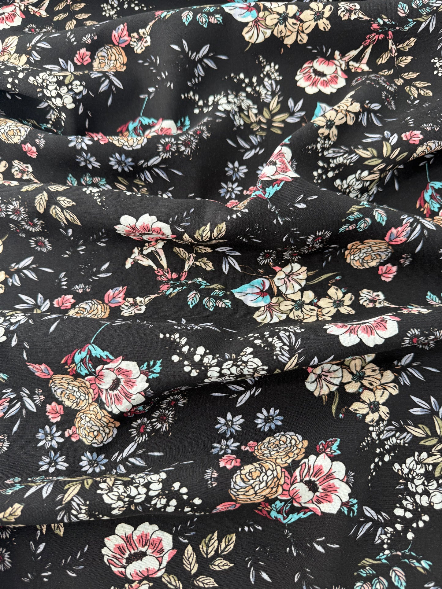 Rayon Challis, Floral Print, Black Ground