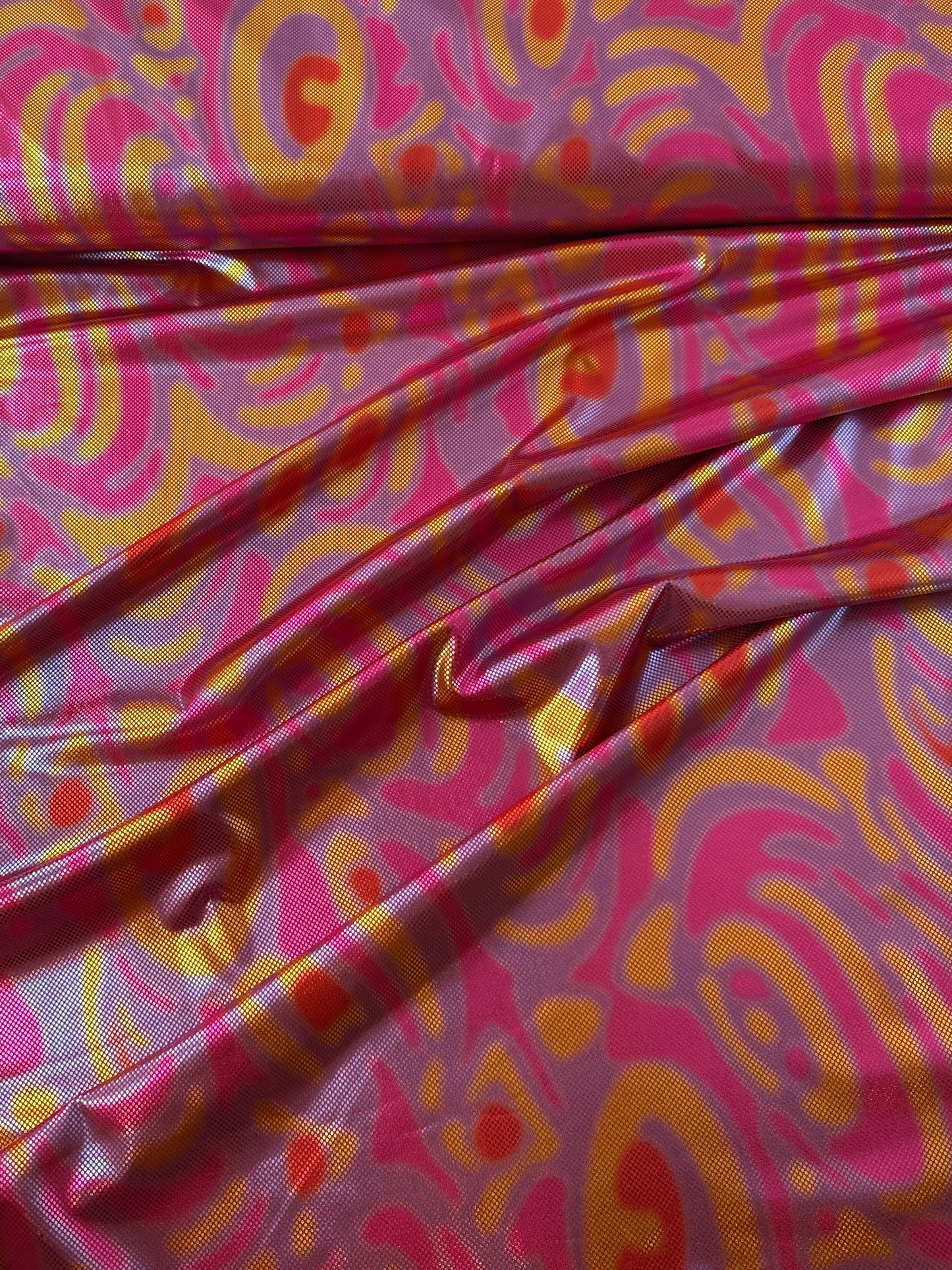 Polyester/Spandex Knit, Heat Wave Hologram Print, Pink/Lavender/Gold