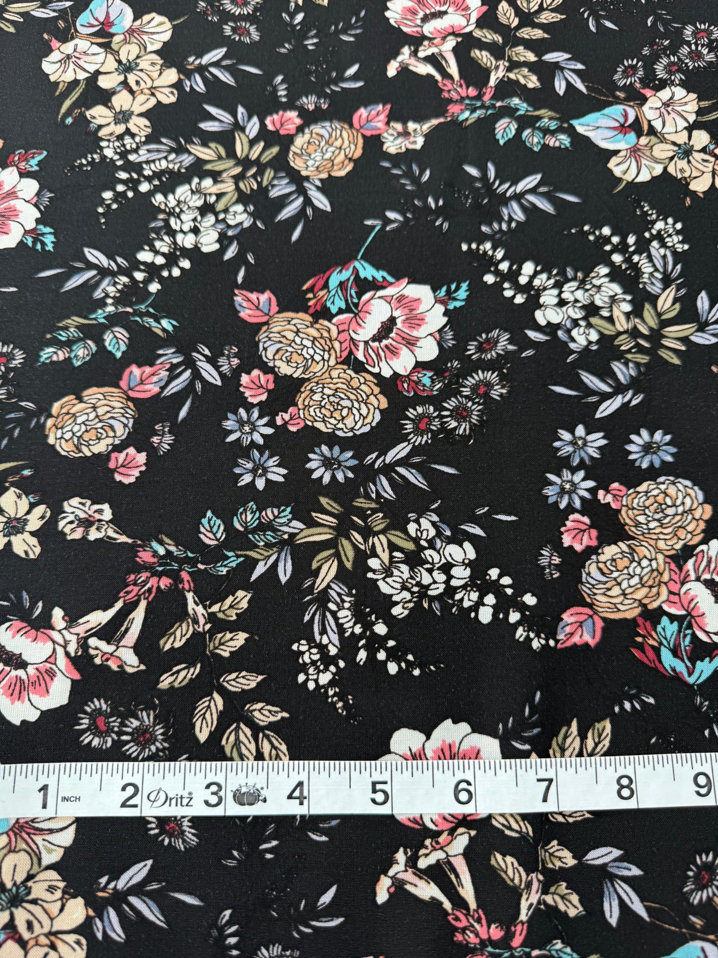 Rayon Challis, Floral Print, Black Ground