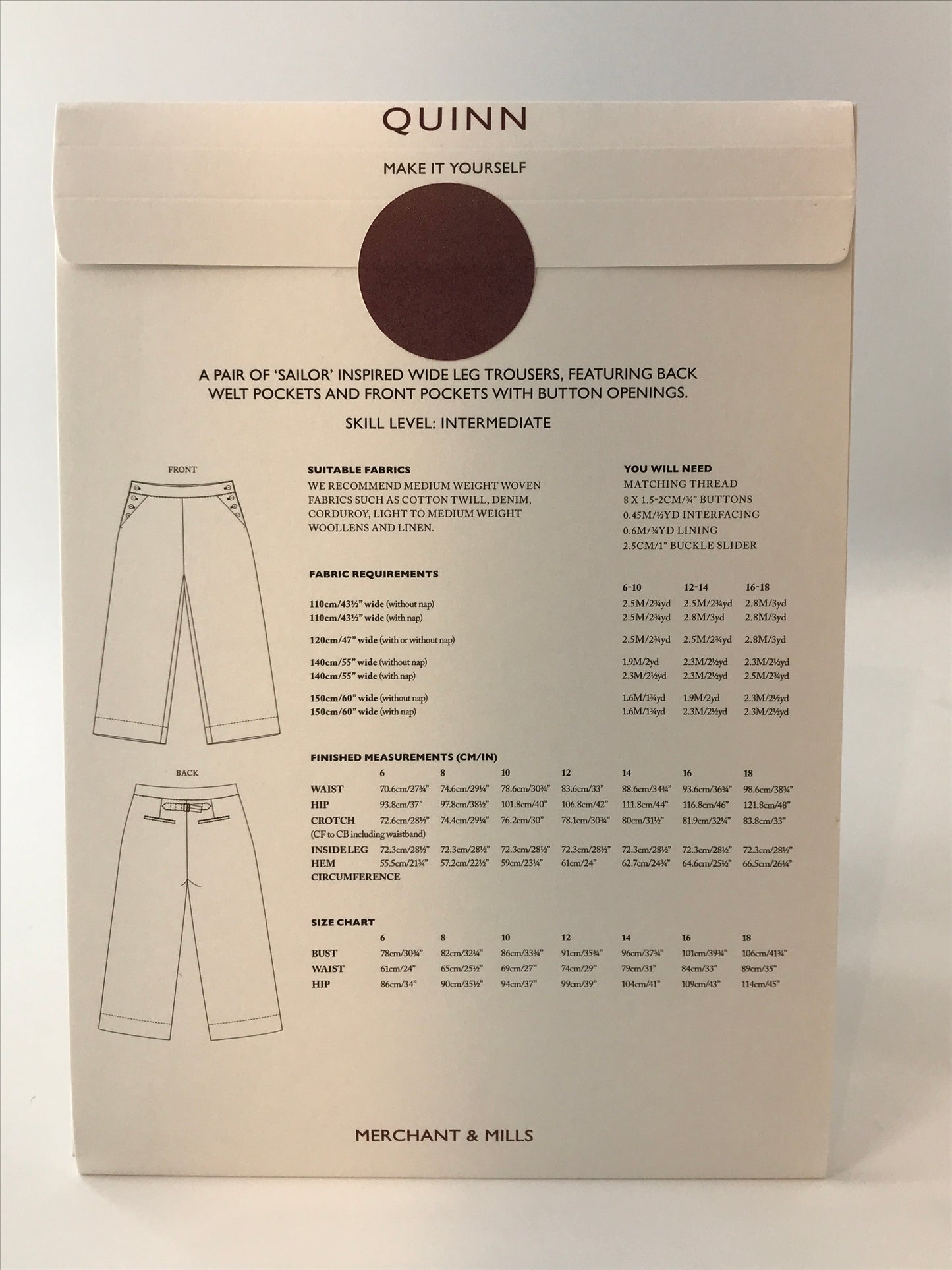 Merchant & Mills, Quinn Pant, UK Size 6-18