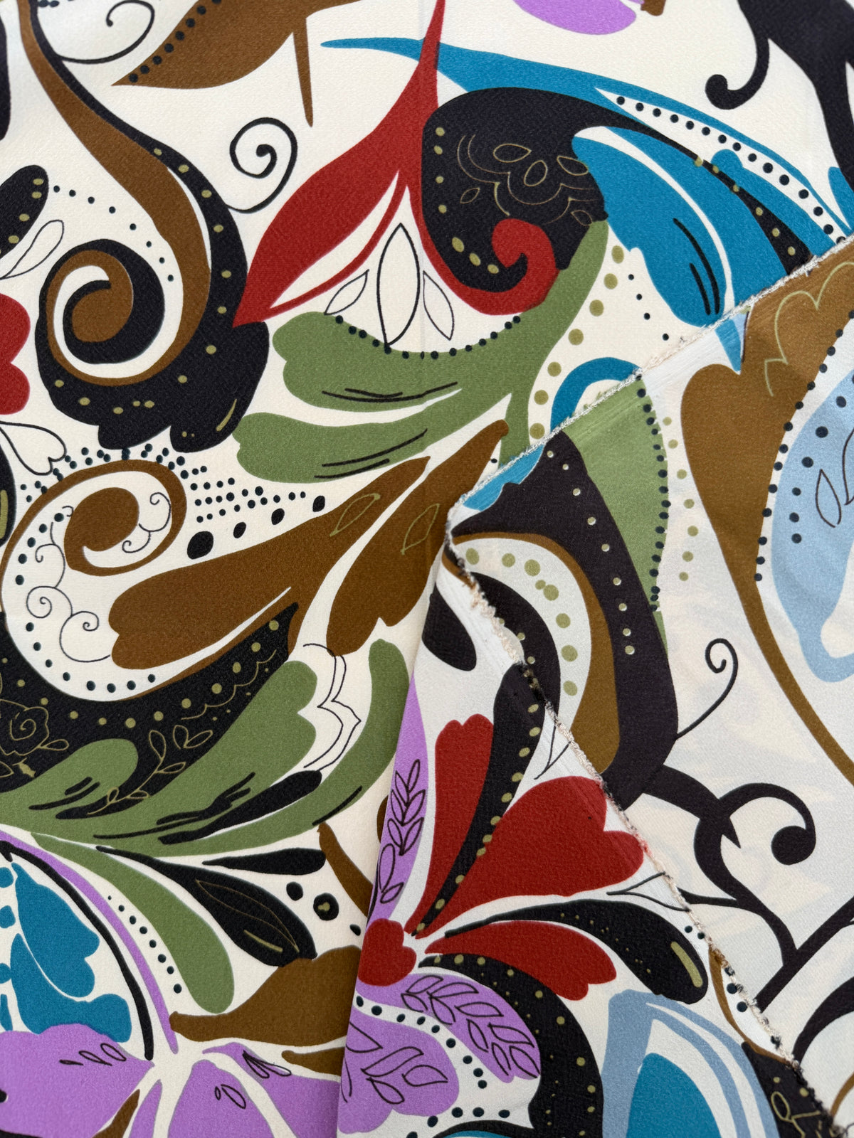 Silk Crepe de Chine, Retro Fleur de Lis, Beige/Mauve/Cornflower