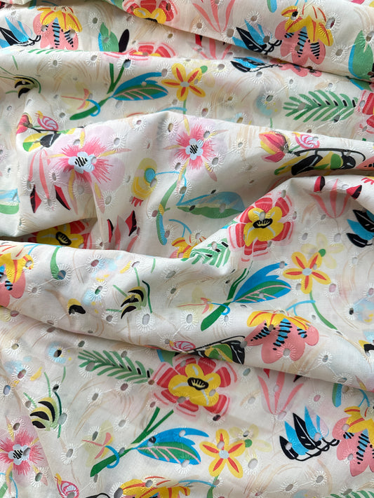Cotton Lawn Eyelet Digital Print, Pop Floral