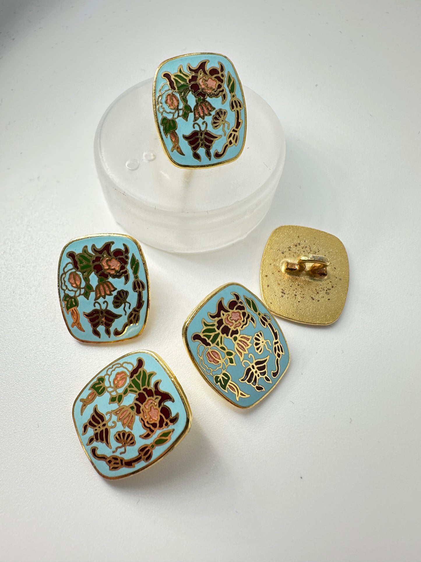 Cloisonne Button, Rectangle, Spring Scene, 15 mm