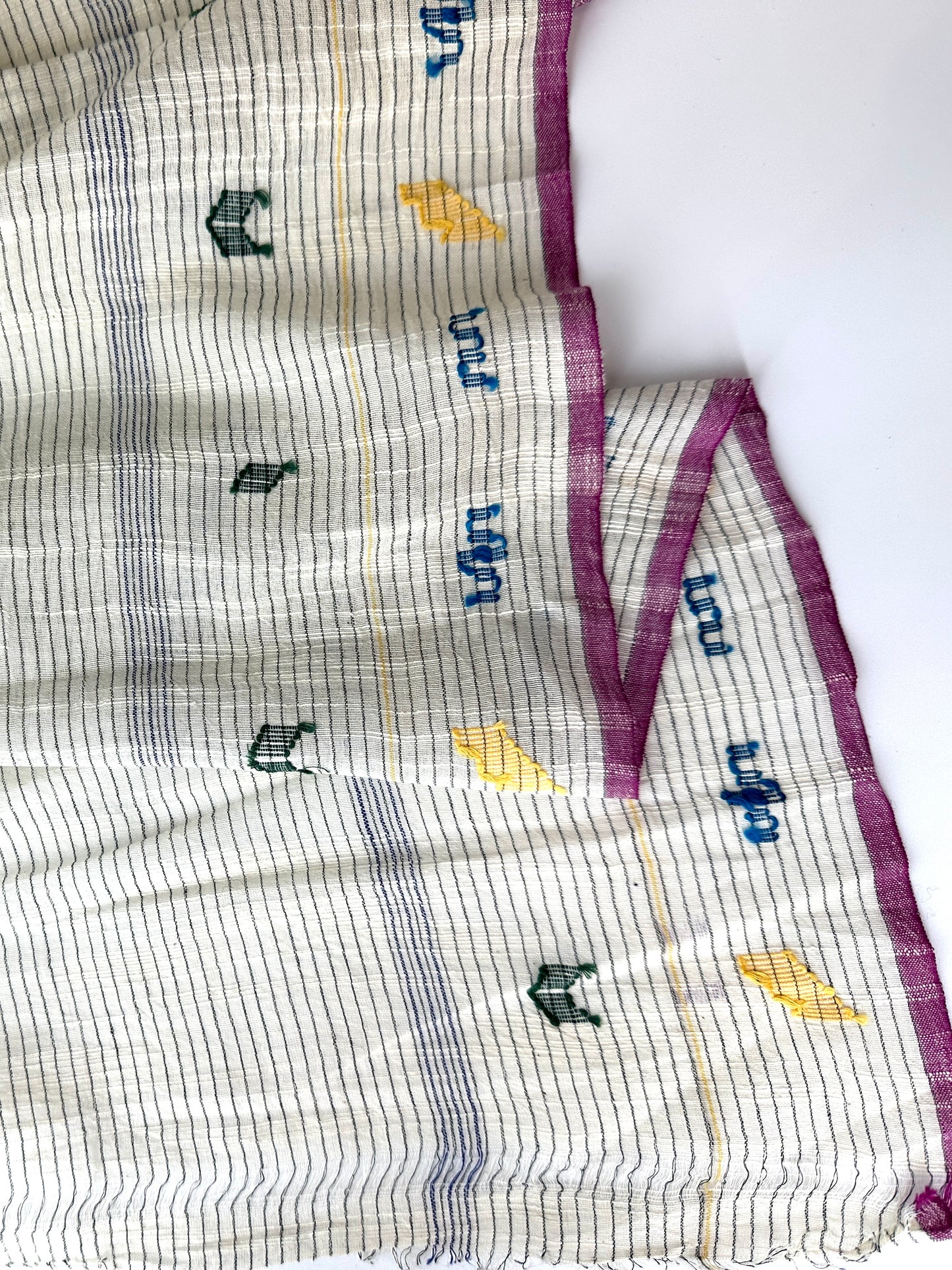 Handloom Khadi Cotton, Natural with Black Stripes and Jamdani Details