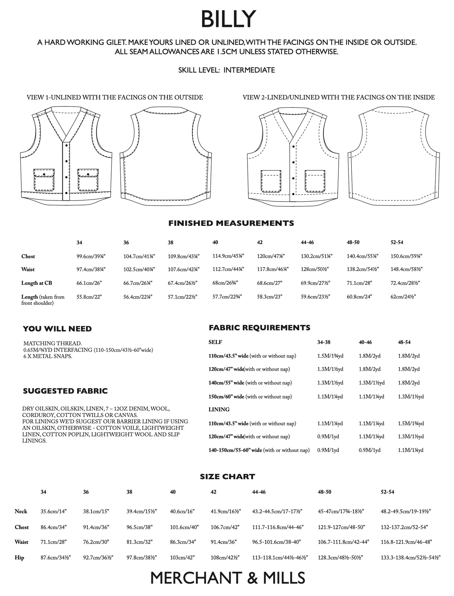 Merchant & Mills Billy Vest, UK Size 34-54