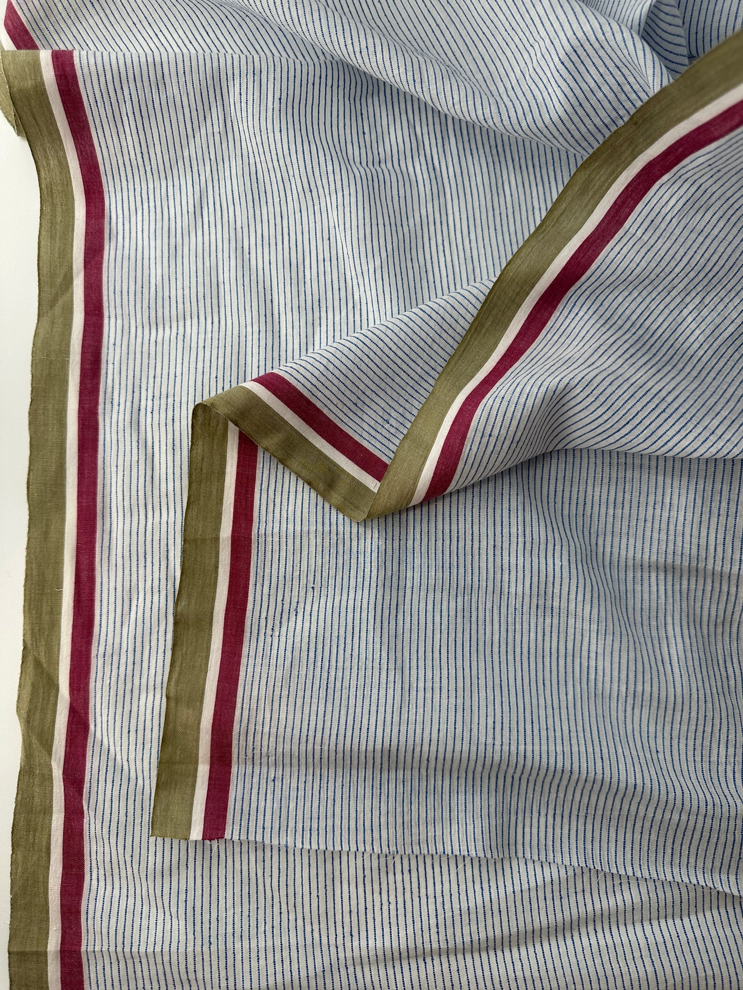 Handloom Khadi Cotton, White with Blue Stripe and Multi Selvedge