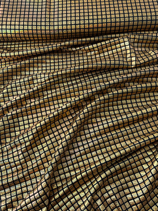 Polyester/Spandex Knit, Hologram Grid Print, Gold