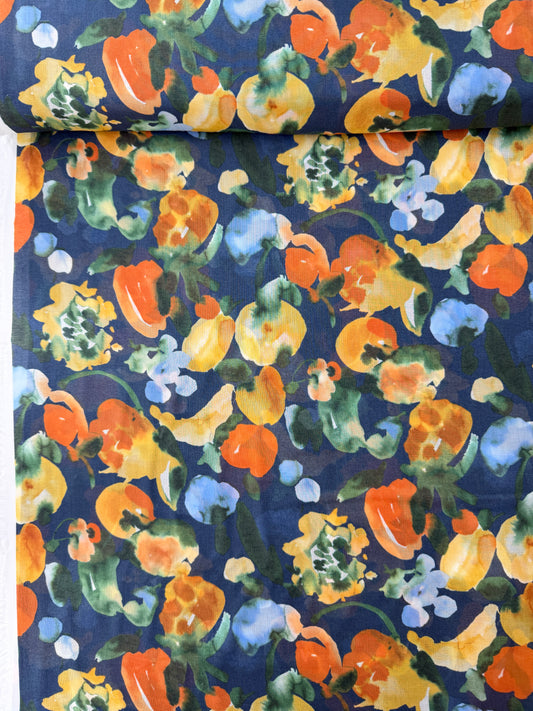 Hokkoh Cotton Voile, Watercolor Floral - Navy