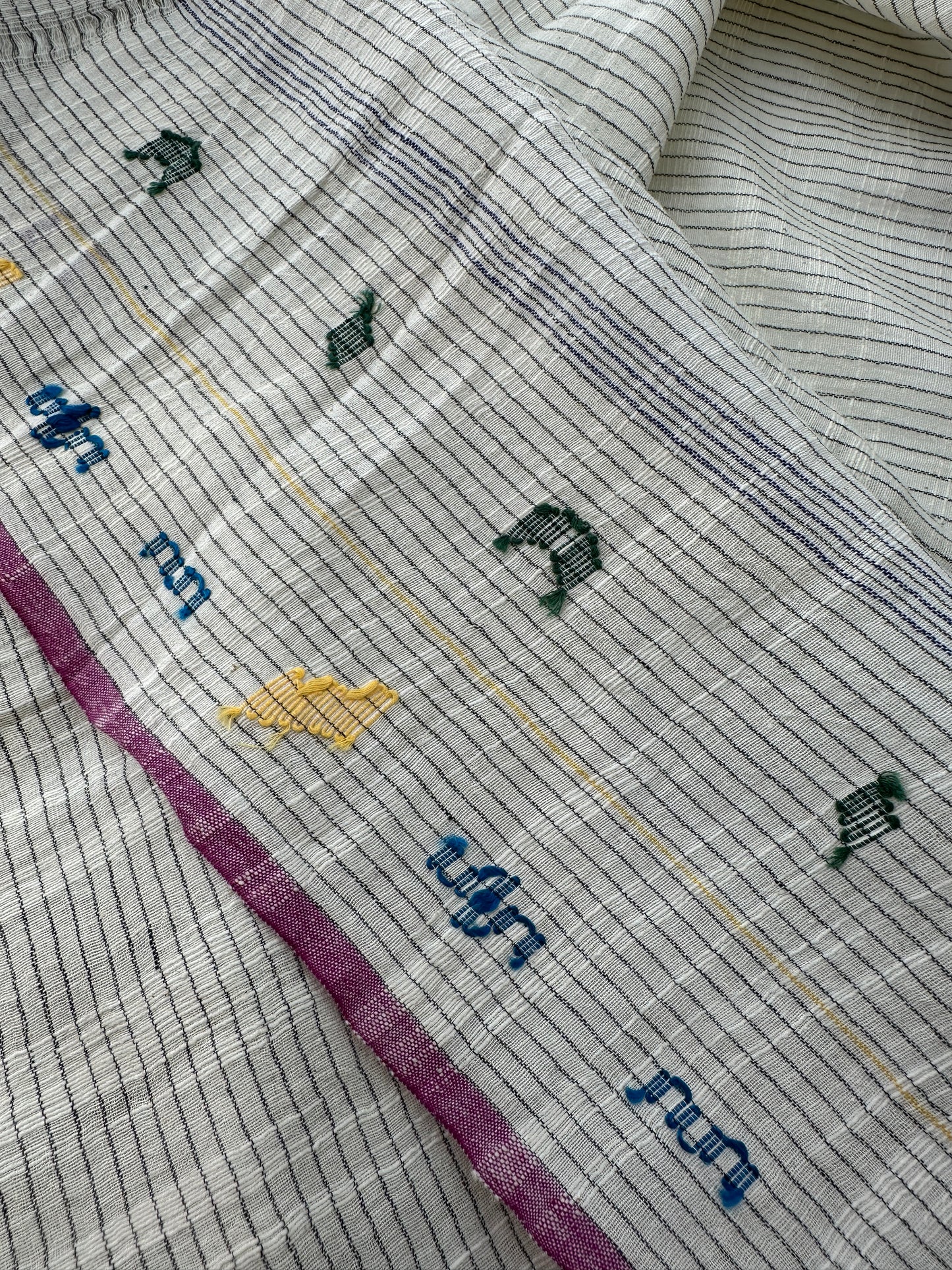 Handloom Khadi Cotton, Natural with Black Stripes and Jamdani Details