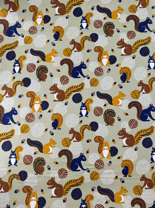 Japanese Cotton Oxford, Sage Squirrels