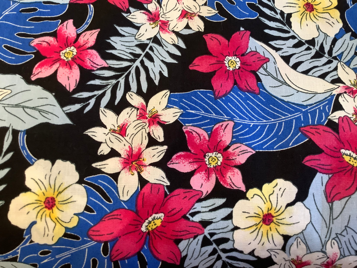 Cotton Stretch Sheeting, Tropical Print, Blues/Bright Pink
