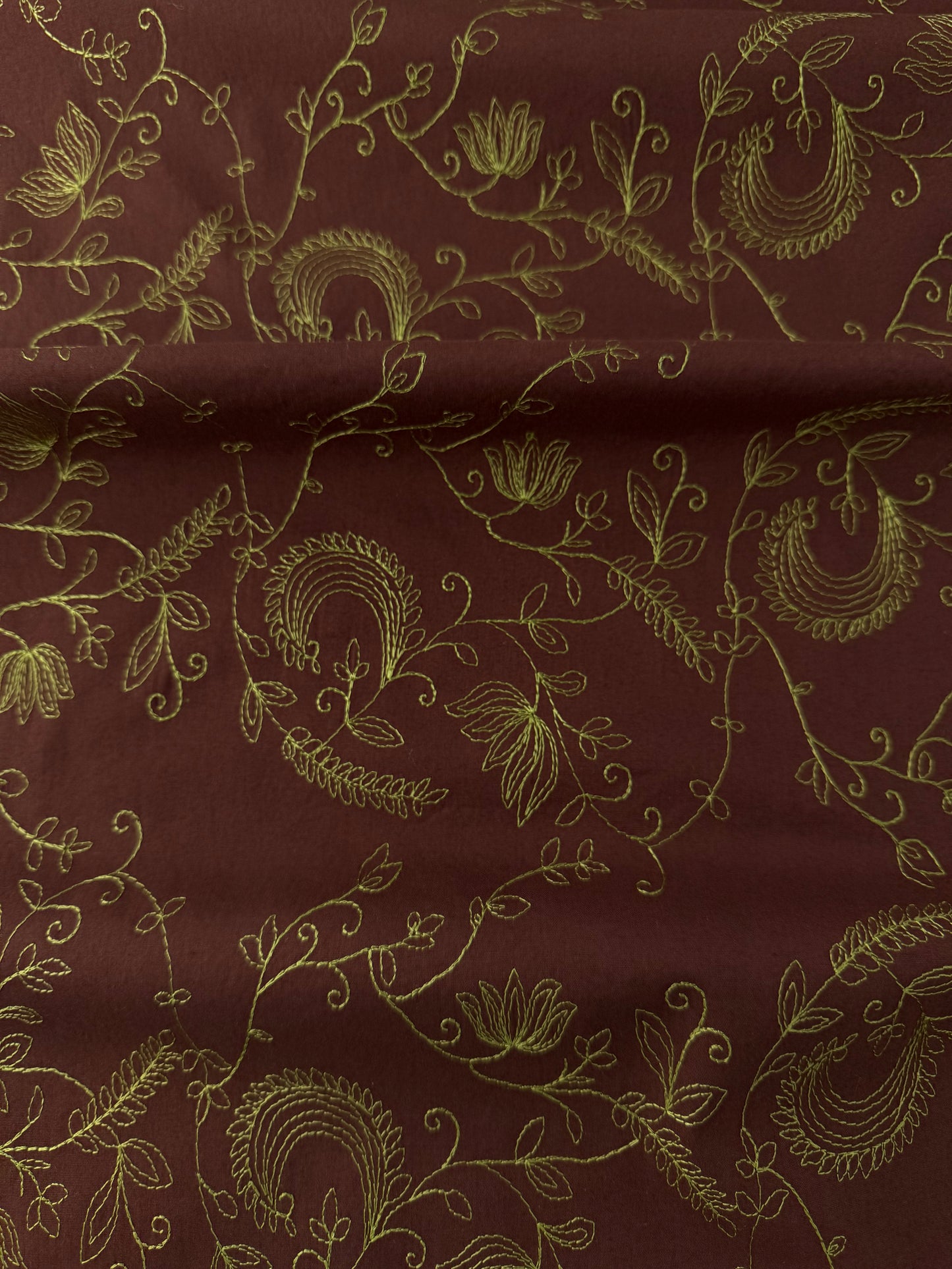 Designer Deadstock, Cotton Stretch Poplin, Floral Embroidery, Chocolate/Lime