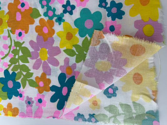Linen, Floral Print, White/Pink/Blue/Yellow