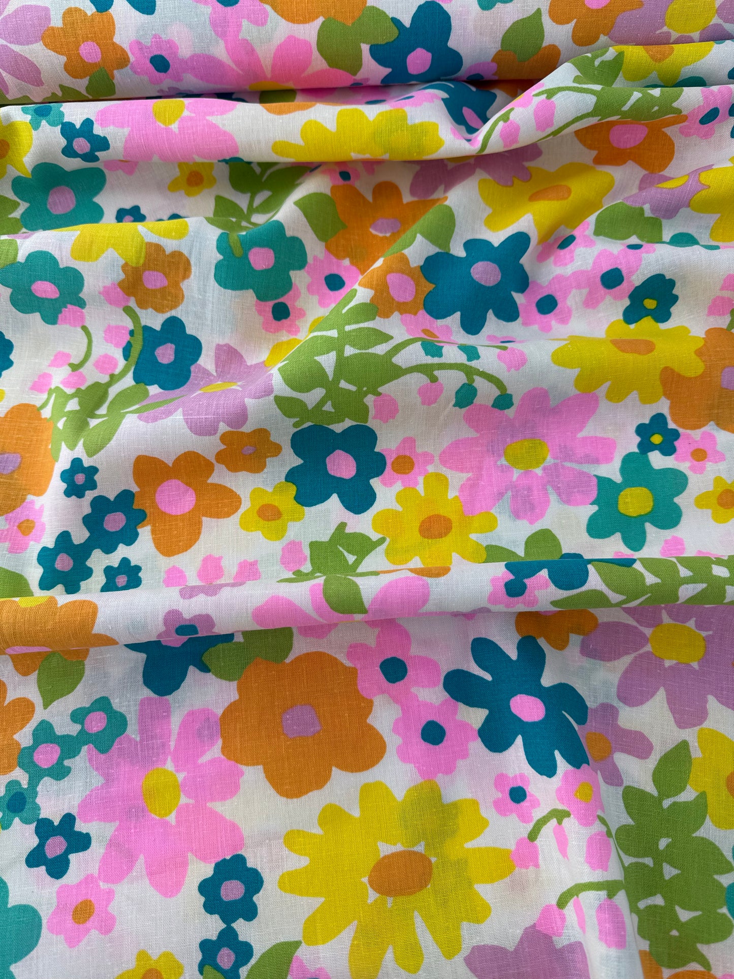 Linen, Floral Print, White/Pink/Blue/Yellow