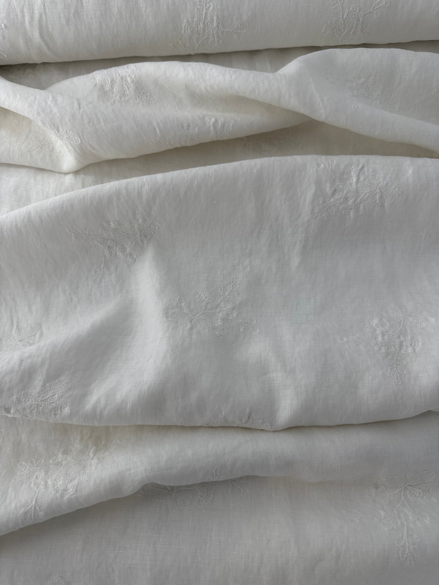 Linen, Scattered Floral Embroidery, White
