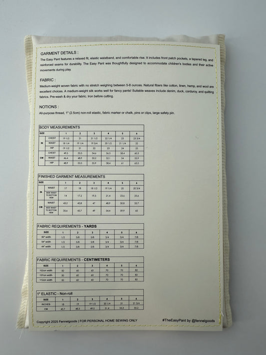 Fennel Goods Easy Pant, Kids Size 1-6 yo