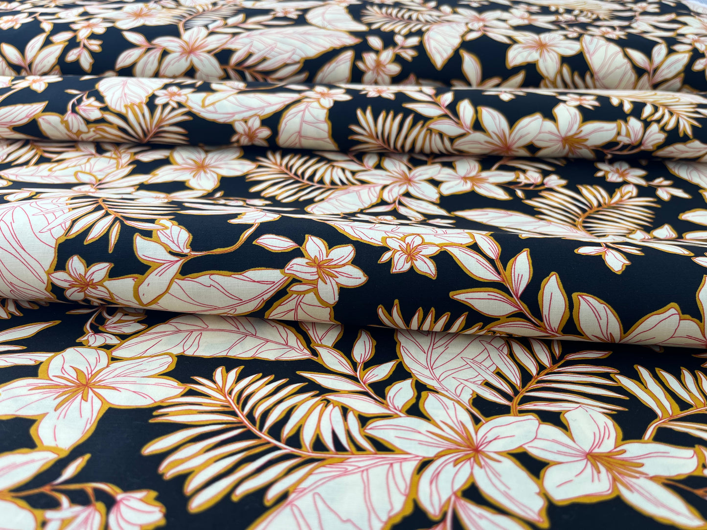 Cotton Stretch Poplin, Tropical Floral Print, Black/Creme/Gold