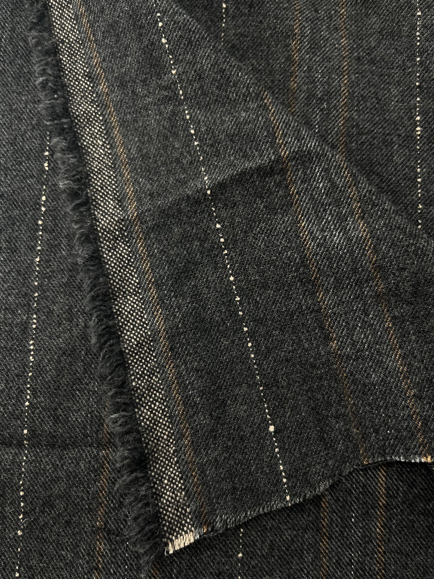 Wool, Yarn Dye, Charcoal with Tan/Natural/Gray/Lurex Stripes