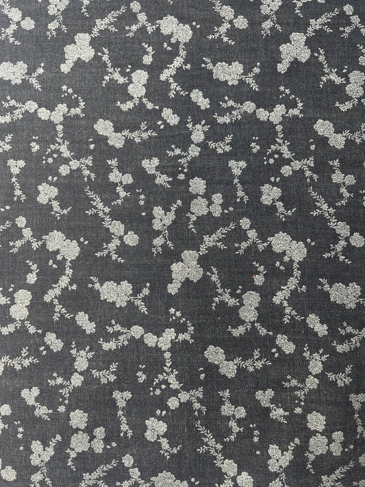 Denim, Cotton Stretch, Silver Floral Print, 6 oz