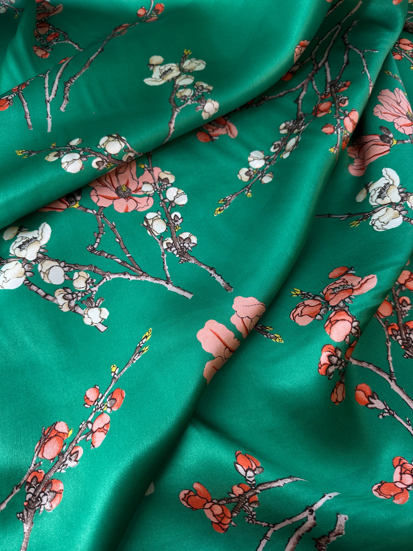 Designer Deadstock, Silk Charmuese, Green Floral Print