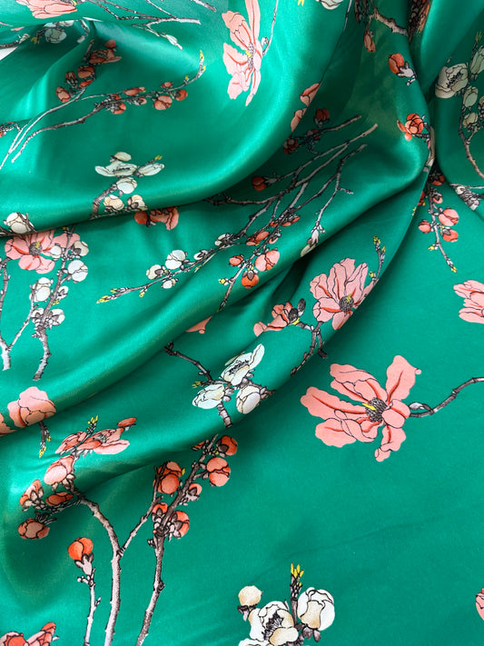 Designer Deadstock, Silk Charmuese, Green Floral Print