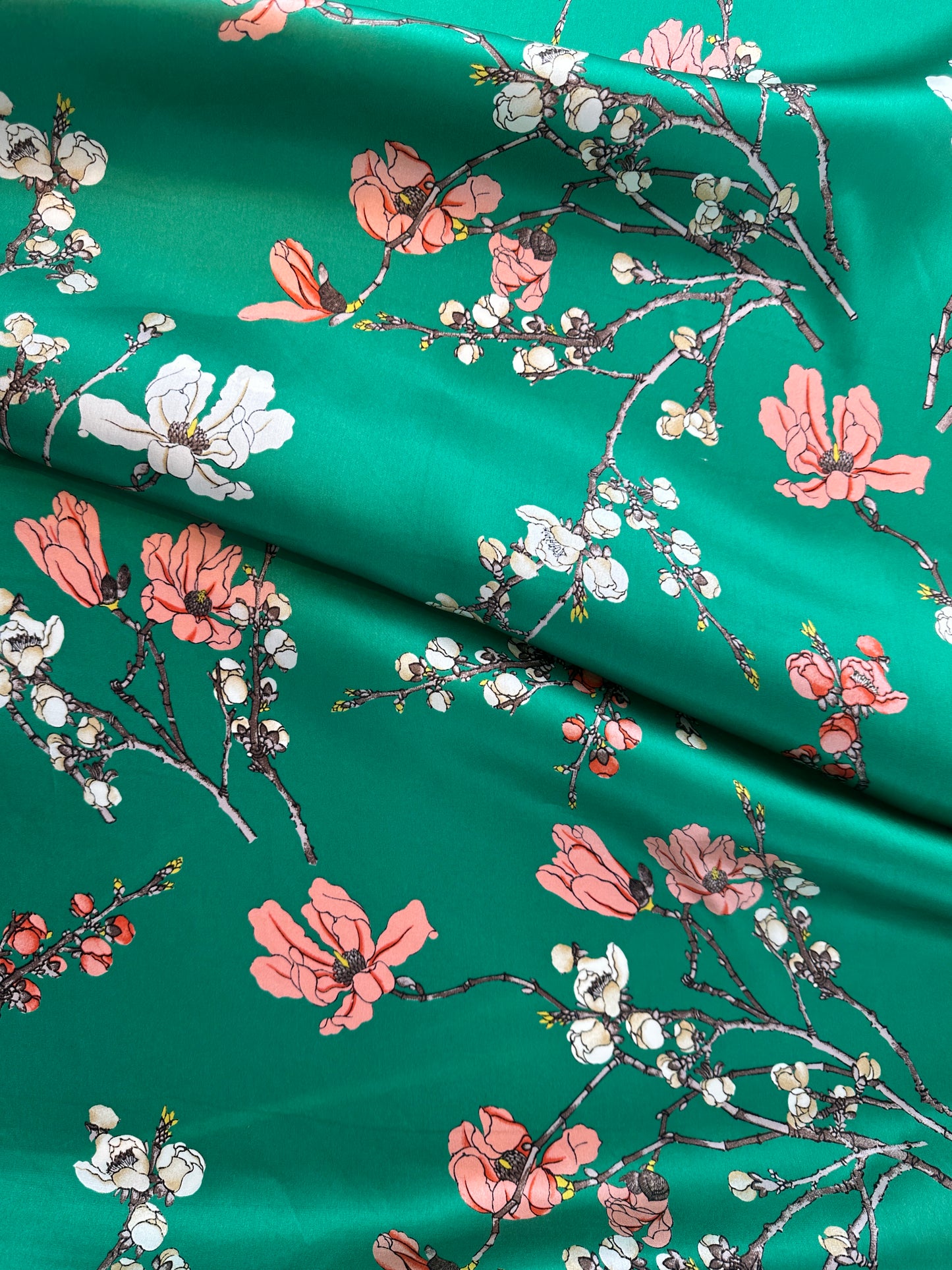 Designer Deadstock, Silk Charmuese, Green Floral Print