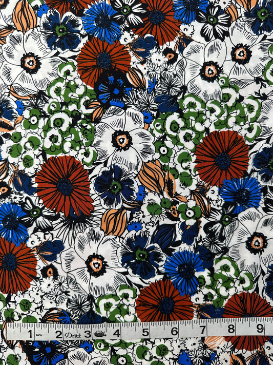 Italian Viscose Sheeting, Sketch Bloom Print, White Ground