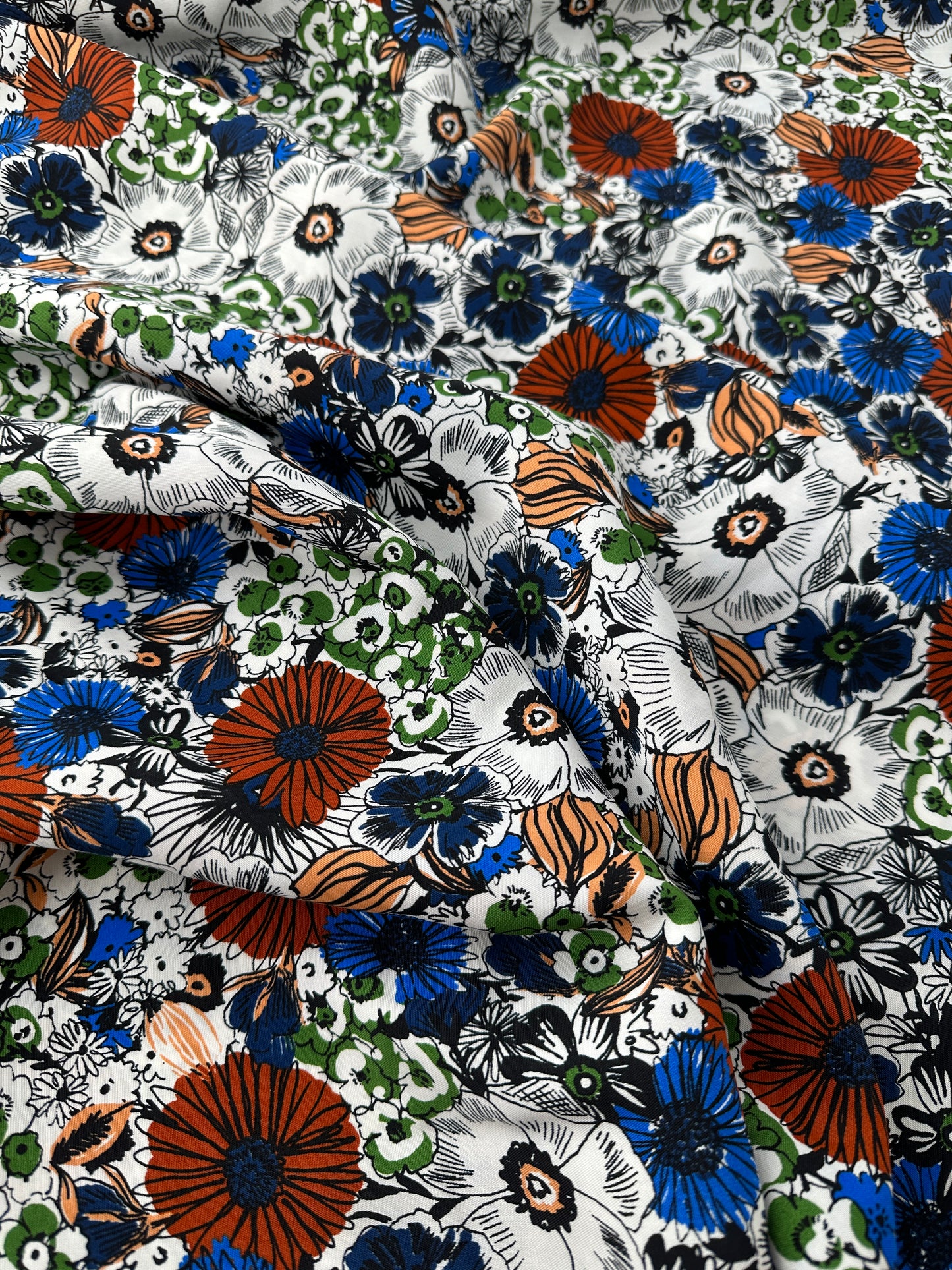 Italian Viscose Sheeting, Sketch Bloom Print, White Ground