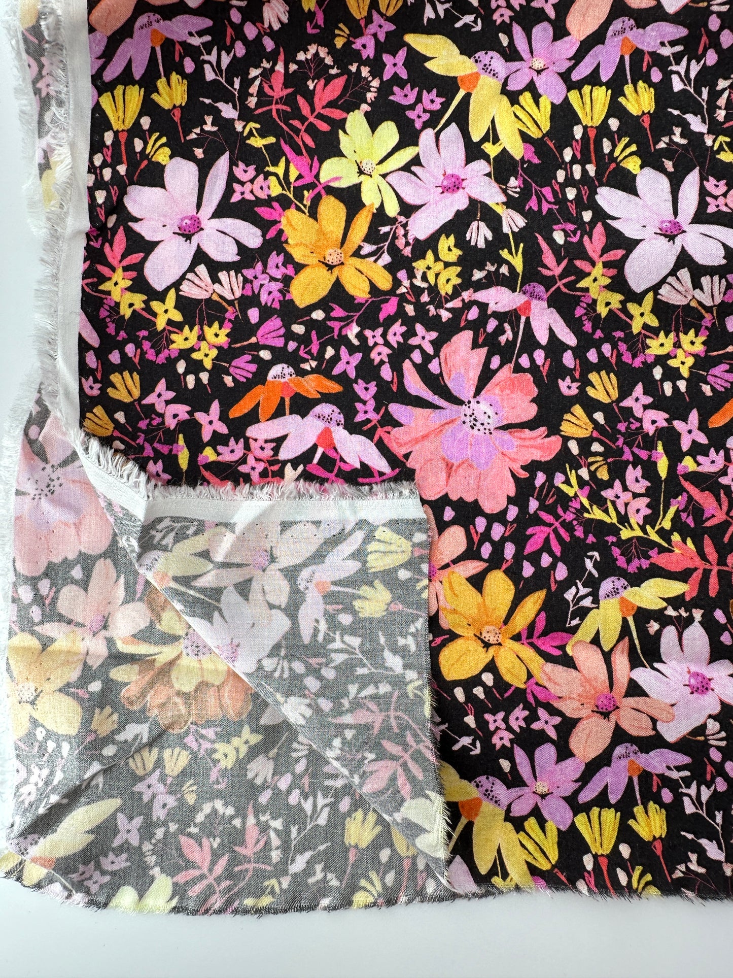 Italian Viscose Sheeting, Scattered Meadow Flowers Print, Chocolate/Pink/Yellow