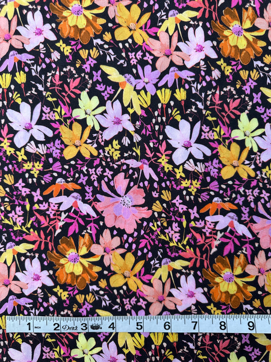 Italian Viscose Sheeting, Scattered Meadow Flowers Print, Chocolate/Pink/Yellow