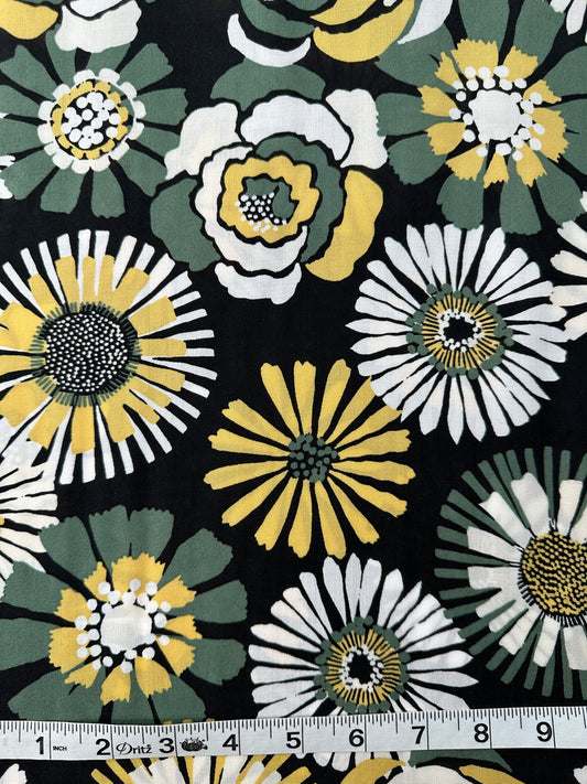 Italian Viscose Sheeting, Big Blooms Print, Black/White/Green/Yellow