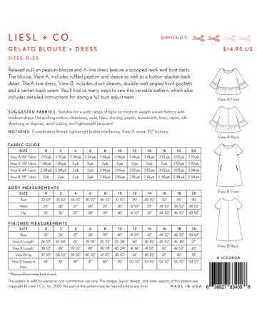 Liesl + Co. Gelato Blouse + Dress Pattern, Sizes 0-20