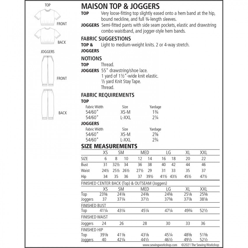 The Sewing Workshop, Maison Top & Joggers, size XS-XXL