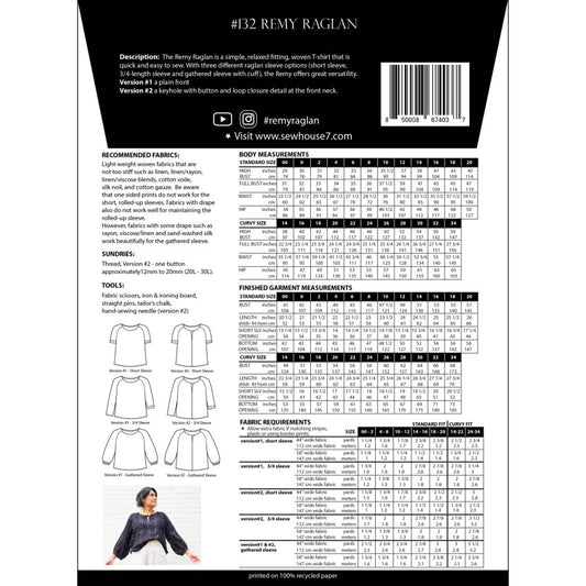 Sew House Seven Remy Raglan, Standard Sizes 00-20 & Curvy Sizes 14-34