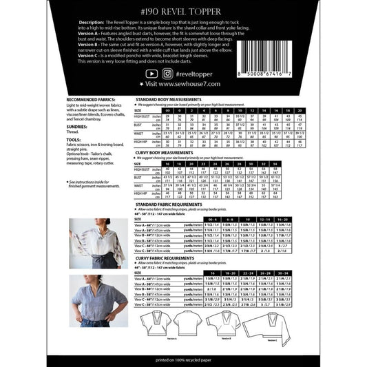 Sew House Seven Revel Topper, Standard Sizes 00-20 & Curvy Sizes 16-34