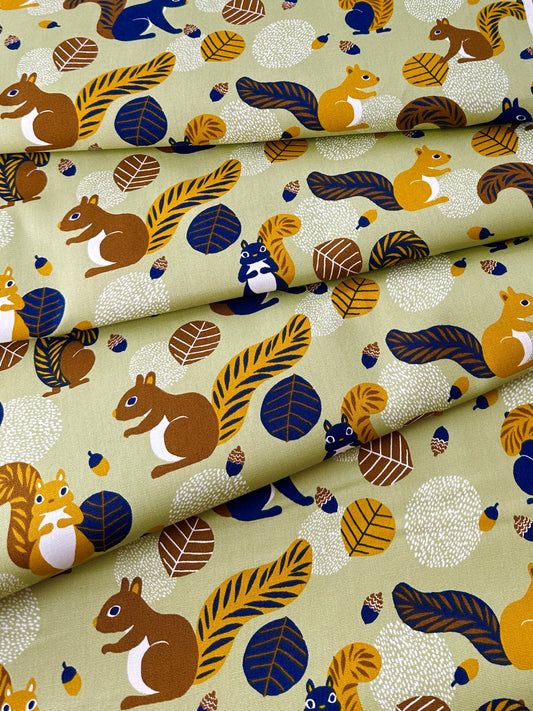 Japanese Cotton Oxford, Sage Squirrels
